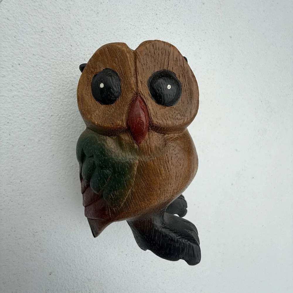 Vintage Folk Art Hand Carved Painted Wood Bird Owl‎ Figurine Primitive 7